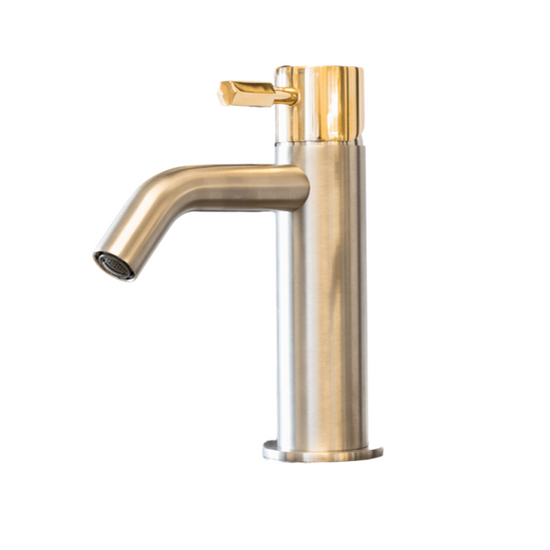 SS64 Deck mounted mixer tap in stainless steel & with brass handle