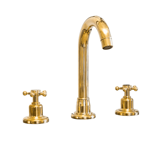 Francone BT1 traditional three-hole deck-mounted bathroom faucet in unlacquered brass.