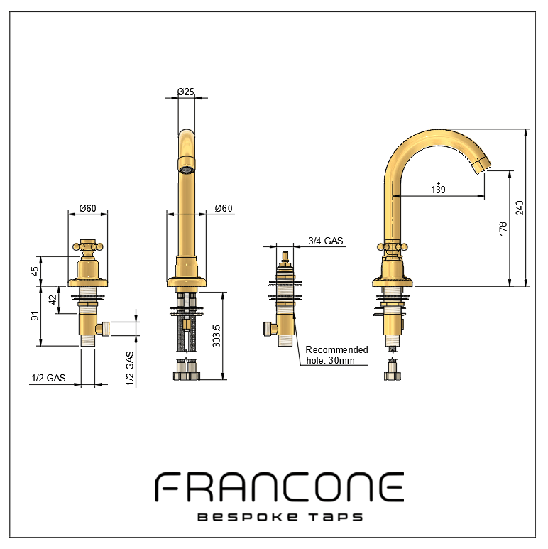 Technical drawing with dimensions for the Francone BT1 traditional deck-mounted three-hole basin tap.