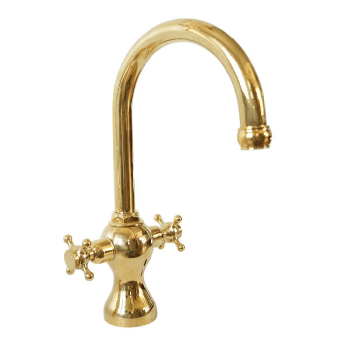 Francone BT100 unlacquered brass traditional kitchen mixer faucet with a curved spout.