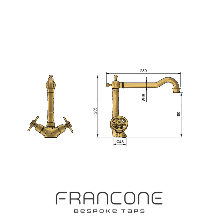 Technical drawing with dimensions for the Francone BT11 classic deck-mounted brass tap spout and faucet.
