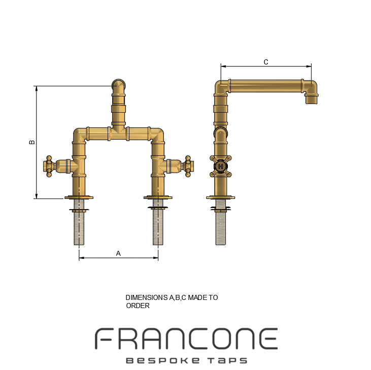 Technical drawing with dimensions of the solid brass Francone BT13 bespoke industrial tap, a deck-mounted faucet.