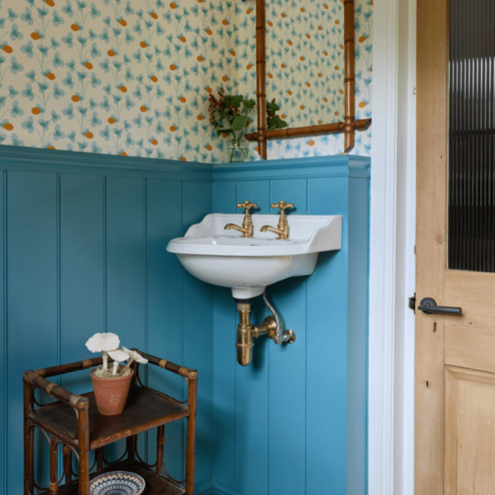Francone BT15 traditional unlacquered brass bathroom tap installed in blue wood-paneled bathroom by Palmer & Stone, Mel Architects, photo Christ Snook