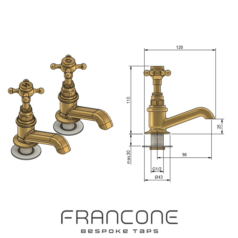 Technical drawing with dimensions for the traditional solid brass Francone BT15 No 2 Pillar bathroom taps.