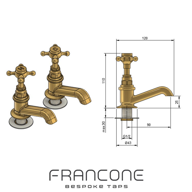 Technical drawing with dimensions for the traditional solid brass Francone BT15 No 2 Pillar bathroom taps.