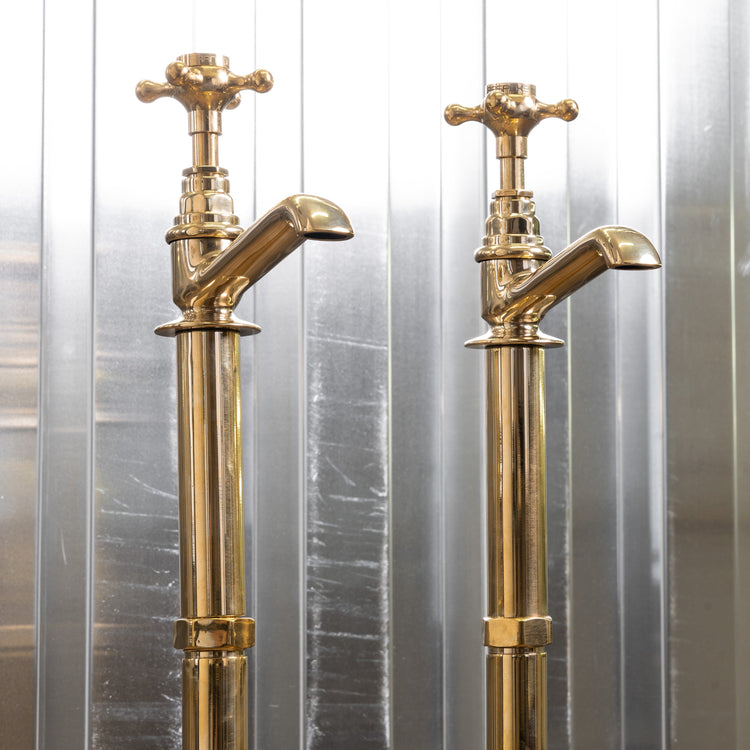 Vintage-style Francone BT15F floor-mounted pillar taps, also a classic brass faucet for a luxury bathroom.