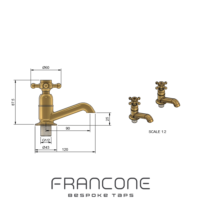 Technical drawing with dimensions for the Francone BT15R retro style solid brass pillar taps, or bathroom faucets.