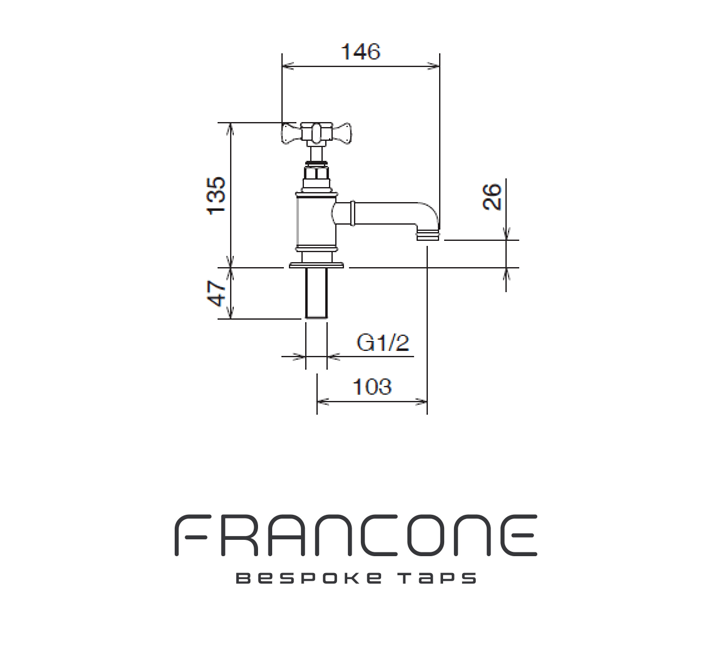 Technical drawing with dimensions for the Francone BT15Z traditional solid brass bathroom pillar tap.