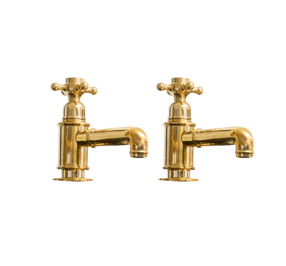 A pair of traditional Francone BT15Z No 2 pillar taps in unlacquered brass, ideal for a vintage bathroom faucet look.