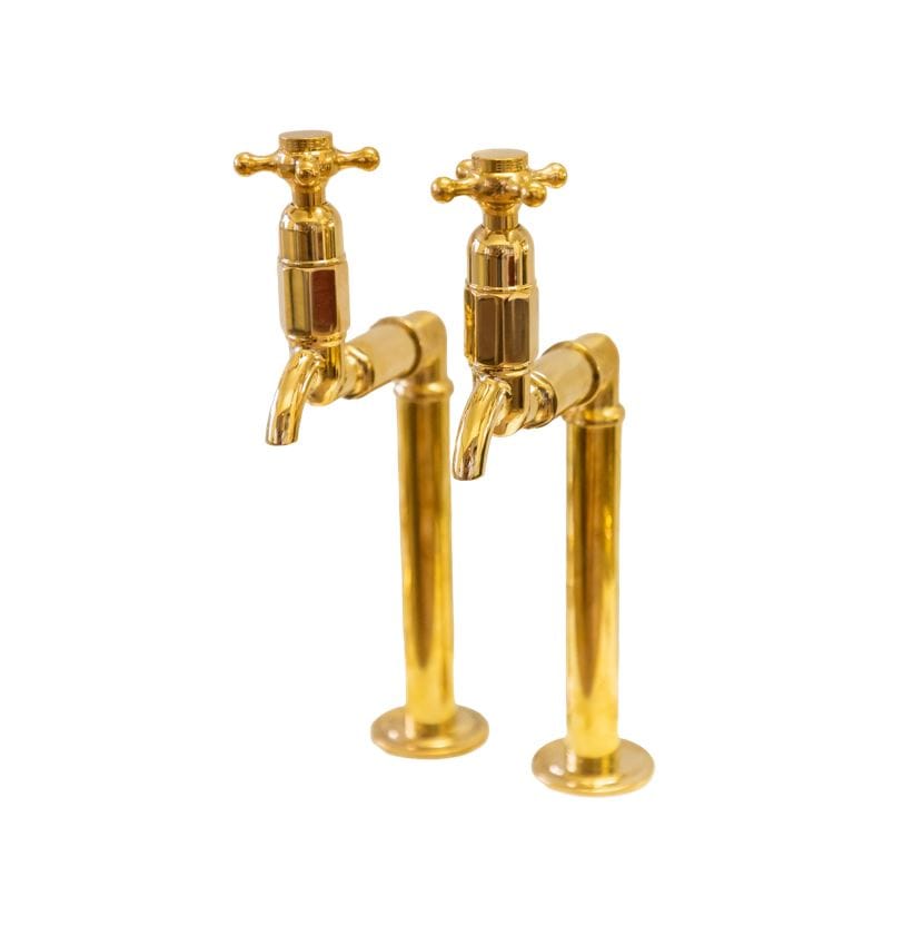 Traditional solid brass BT16D deck mounted pillar taps by Francone, also styled as bathroom faucets.