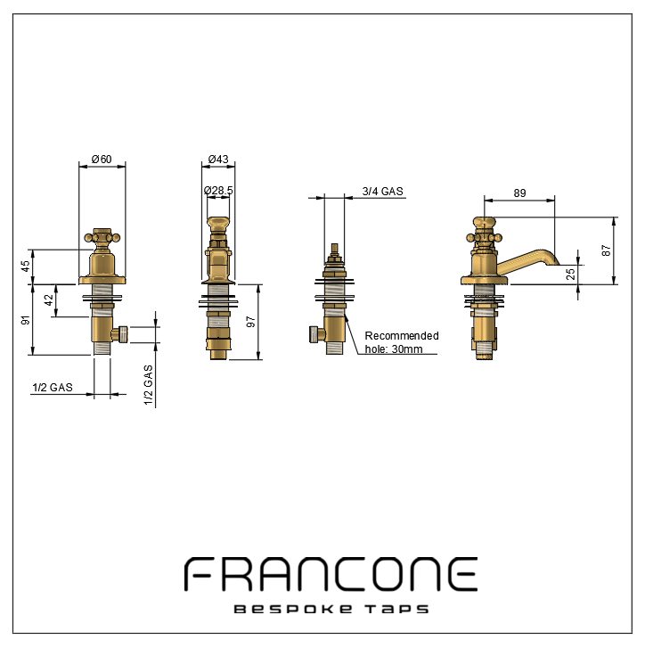 Technical drawing with dimensions for the Francone BT17 solid brass three-hole deck-mounted basin tap faucet.