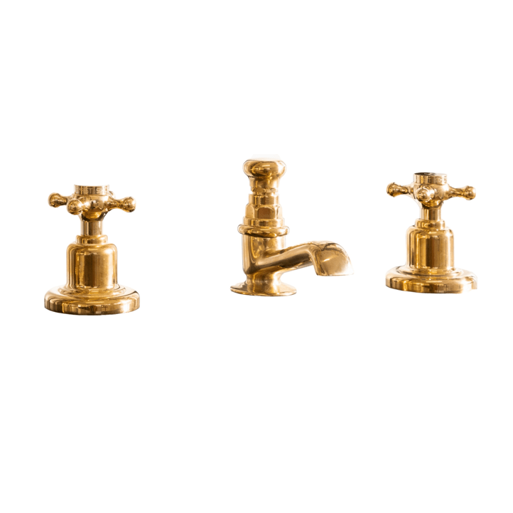 Francone BT17 traditional three-hole deck-mounted basin tap in unlacquered brass, also a bathroom faucet.