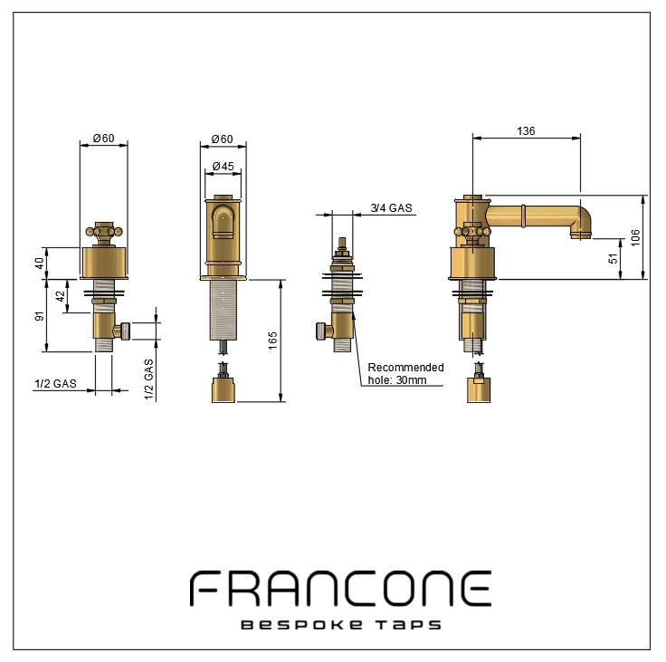 Technical drawing with dimensions for the Francone BT17Z three-hole deck-mounted solid brass bathroom tap.
