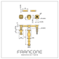 Technical drawing with dimensions for the Francone BT18 wall-mounted traditional double-handle bathroom faucet.