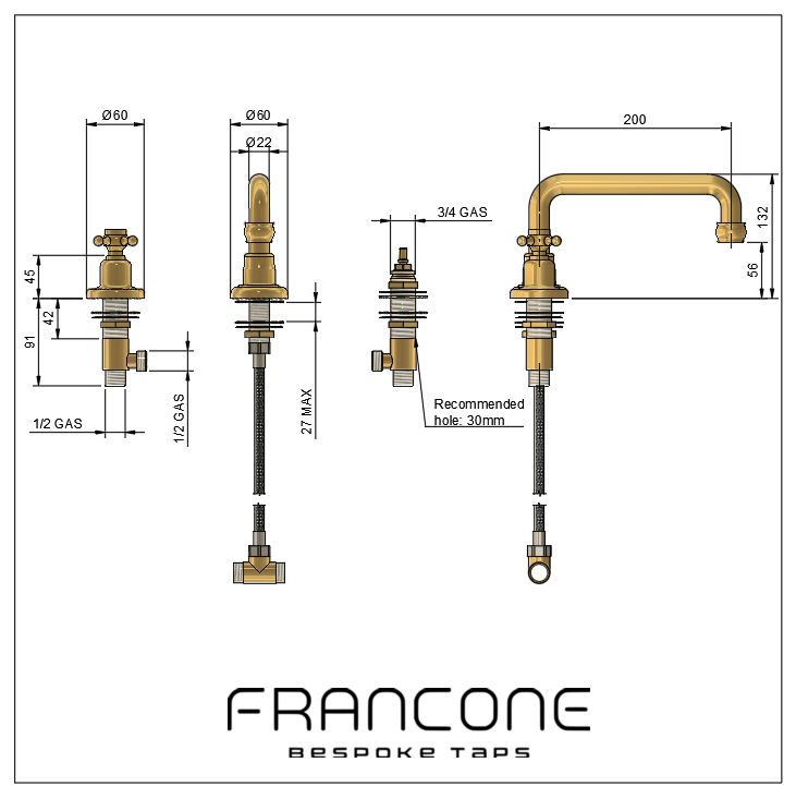Technical drawing with dimensions for the Francone BT19 traditional three-hole bathroom basin tap in solid brass.