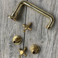 Traditional Francone BT19 three-hole bathroom basin faucet in unlacquered solid brass, shown disassembled.