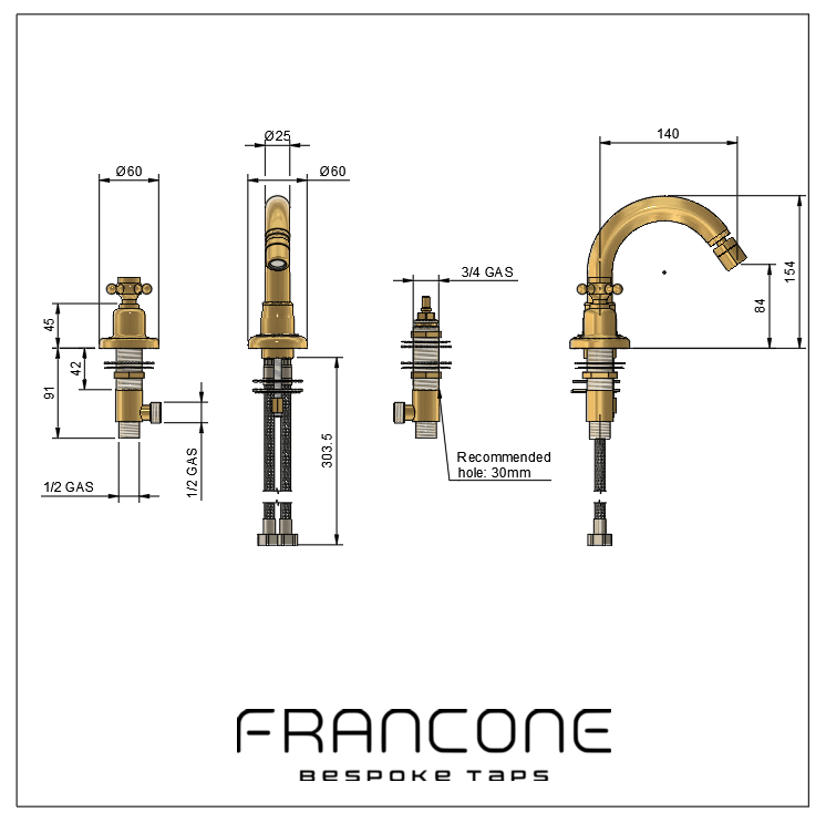 Technical drawing with dimensions for the Francone BT1B traditional three-hole solid brass bidet basin tap.