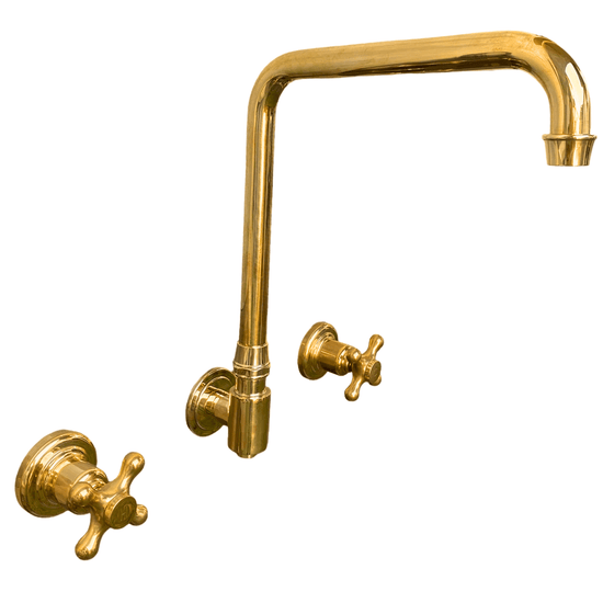 Traditional Francone BT2 three-hole wall-mounted bathroom faucet with a swivel spout in unlacquered brass.