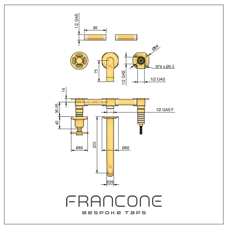 Technical drawing with dimensions for the Francone BT20 wall-mounted basin faucet with wheel handles.