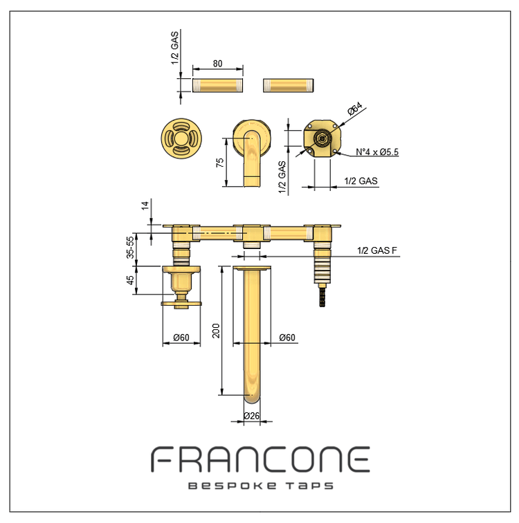 Technical drawing with dimensions for the Francone BT20 wall-mounted basin faucet with wheel handles.