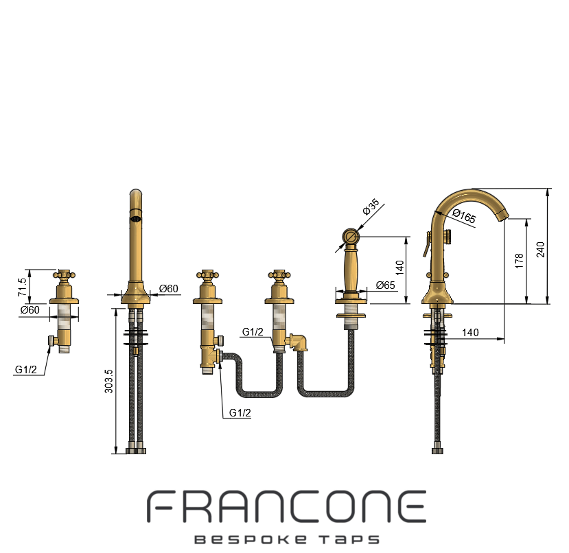 Technical drawing with dimensions for the Francone BT21 traditional deck-mounted faucet with spray rinse.
