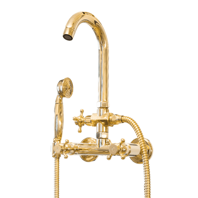 Francone BT22 traditional wall mounted bath filler tap with hand shower in unlacquered brass.