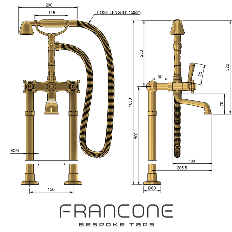 Technical drawing with dimensions for the Francone BT23F traditional floor-mounted bath filler faucet.