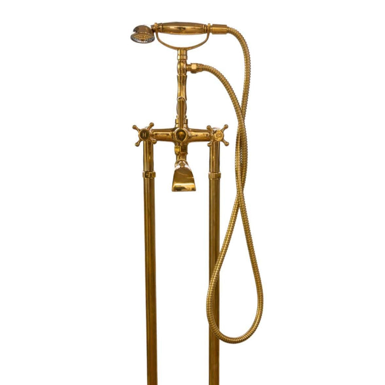 Traditional Francone BT23F floor-mounted bath filler faucet in unlacquered brass with a hand shower.