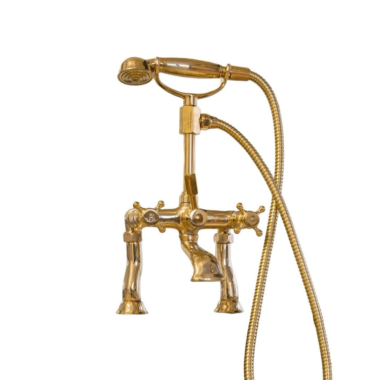 Traditional Francone BT23HD unlacquered brass deck-mounted bath filler tap and faucet with a hand shower.