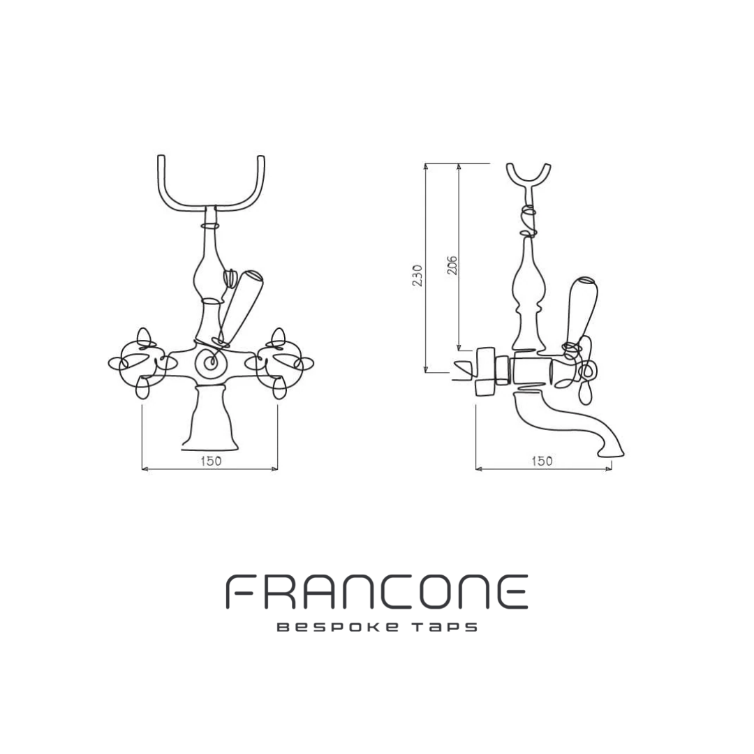 Technical drawing with dimensions for the Francone BT23S traditional solid brass wall mounted bath filler faucet.