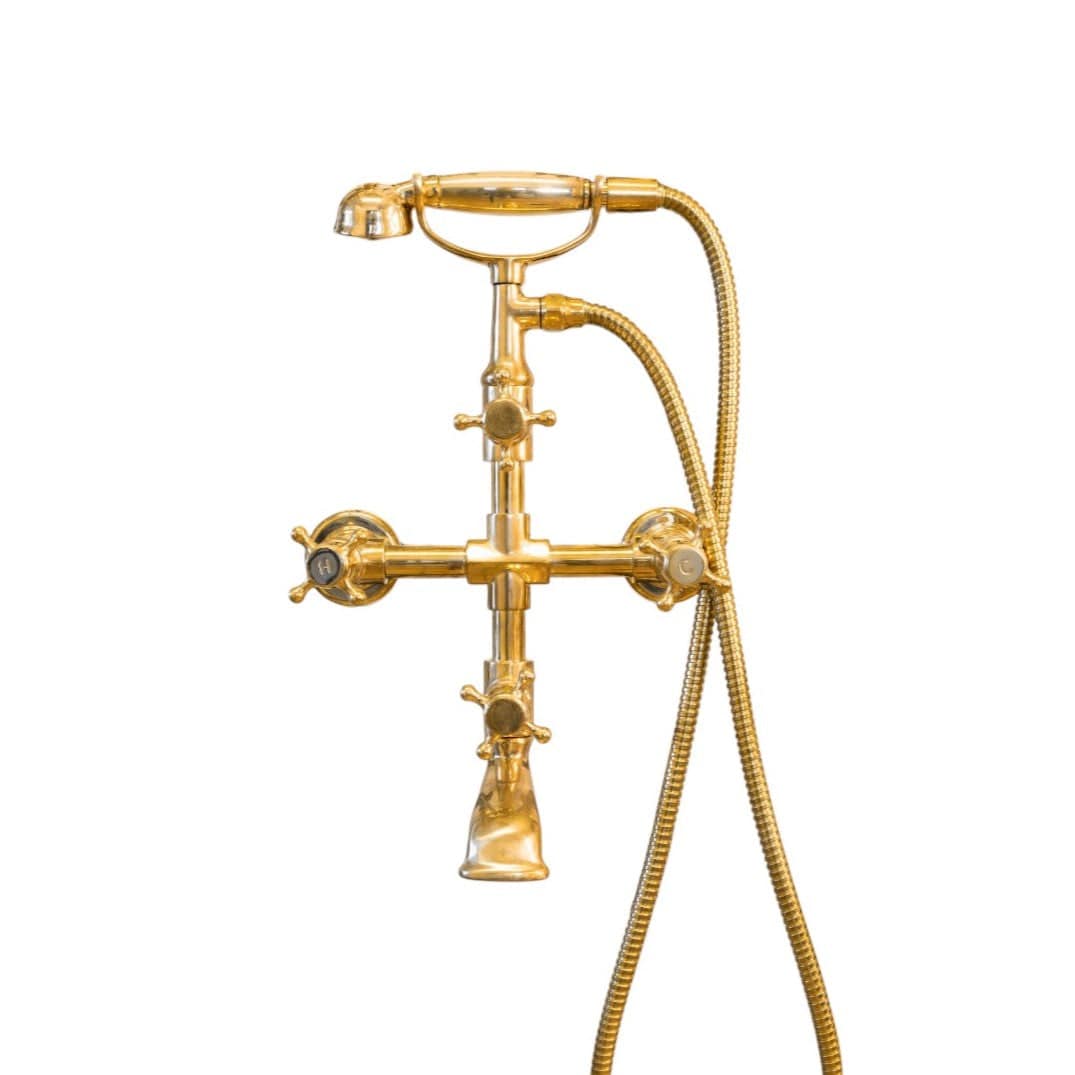 Francone BT23S traditional wall-mounted bath filler tap and hand shower faucet in unlacquered brass.