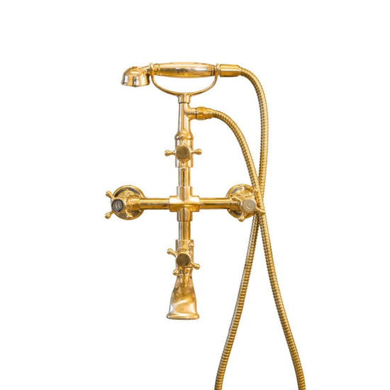 Francone BT23S traditional wall-mounted bath filler tap and hand shower faucet in unlacquered brass.