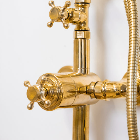 Close-up of the solid brass Francone BT23T wall mounted thermostatic bath filler faucet.
