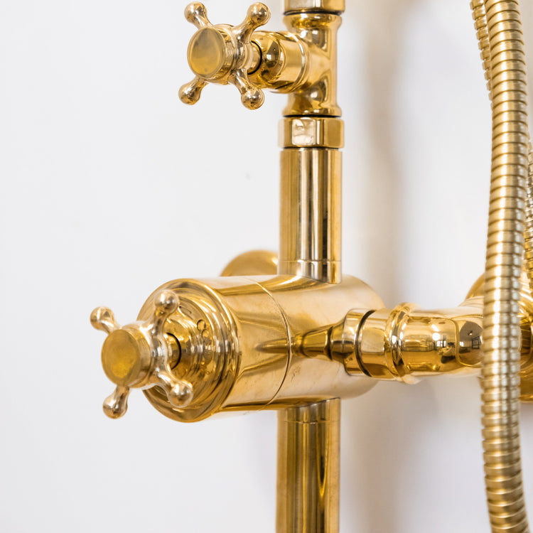 Close-up of the solid brass Francone BT23T wall mounted thermostatic bath filler faucet.