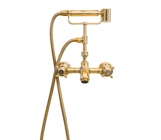 Traditional Francone BT23Z wall-mounted unlacquered brass bath filler faucet with hand shower.