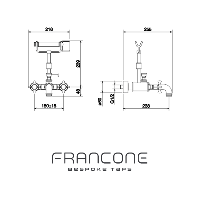 Technical drawing with dimensions for the Francone BT23Z solid brass wall mounted bath filler and hand shower faucet.