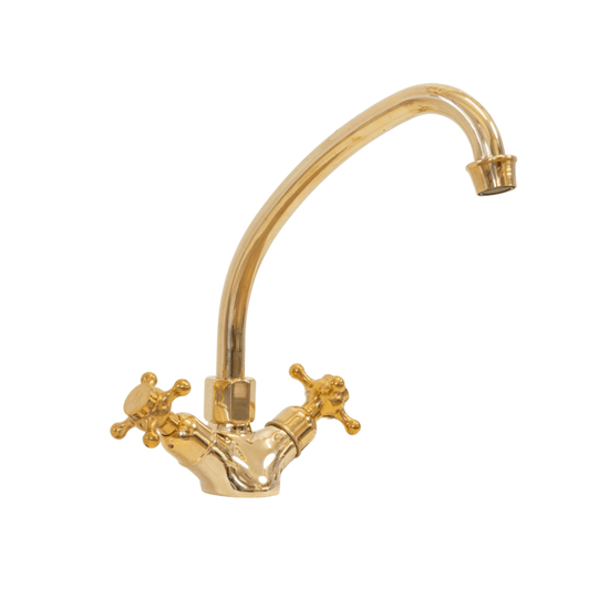 Francone BT24 traditional deck-mounted bathroom faucet in unlacquered brass with a curved swivel spout.