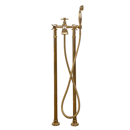 Traditional unlacquered brass Francone BT25+F floor-mounted bath filler tap and hand shower faucet.