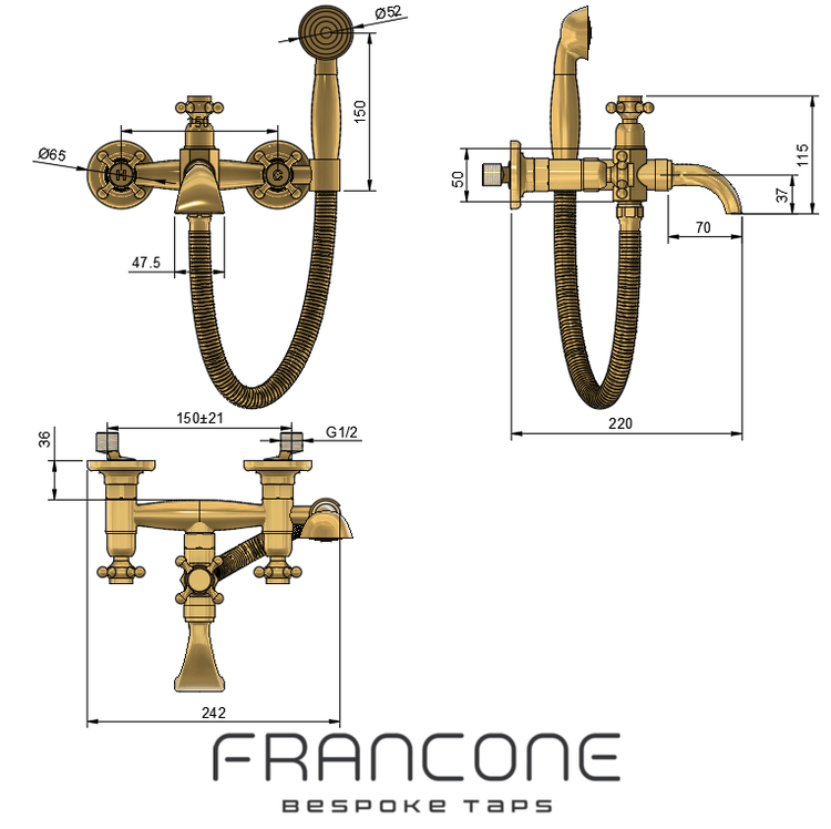 Technical drawing with dimensions for the Francone BT25+ wall mounted solid brass bath filler tap and hand shower.
