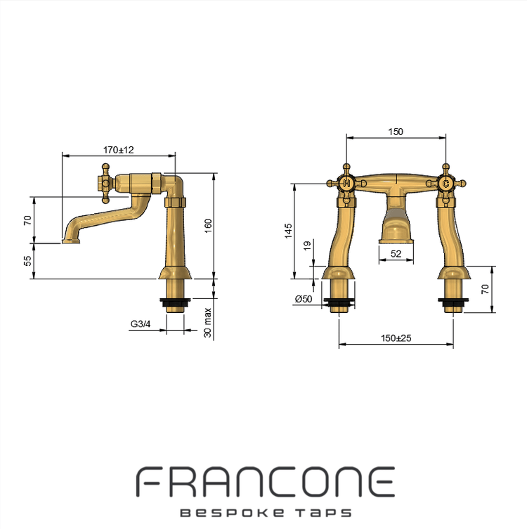 Technical drawing with dimensions for the Francone BT25D traditional deck-mounted solid brass bath filler faucet.