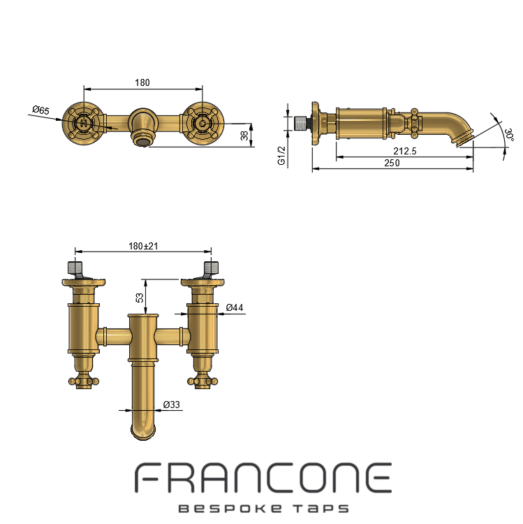 Technical drawing with dimensions for the Francone BT25Z Bold wall-mounted brass bath filler faucet.