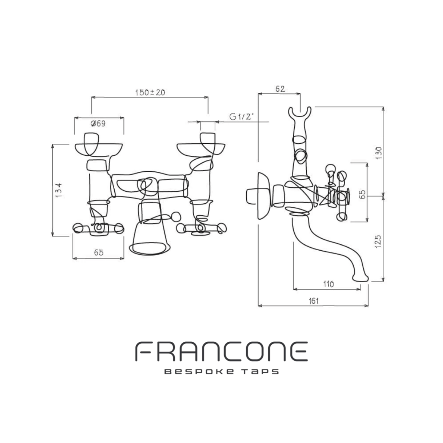 Technical drawing with dimensions for the Francone BT26 wall mounted bath filler faucet and hand shower.