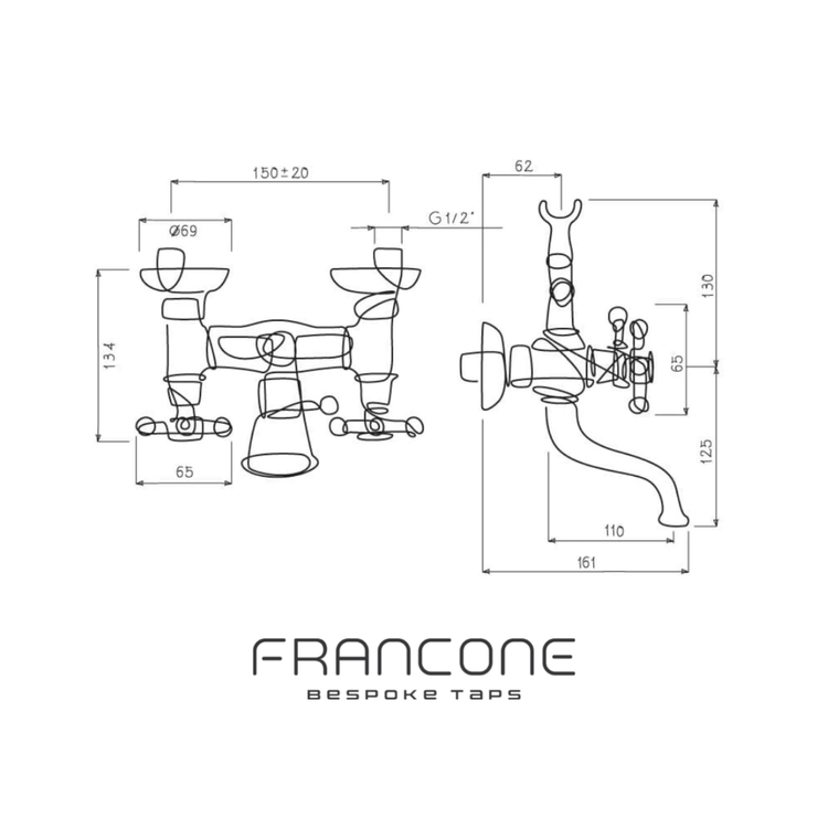 Technical drawing with dimensions for the Francone BT26 wall mounted bath filler faucet and hand shower.