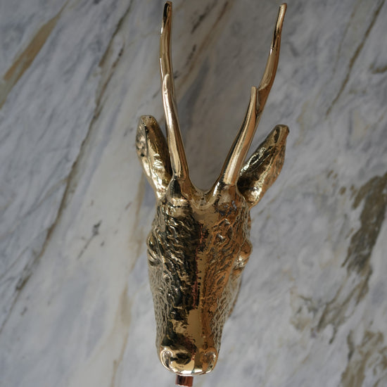 A close-up detail of the ornamental brass deer head on the Francone BT27 traditional wall-mounted tap.