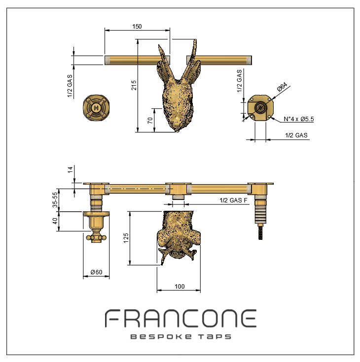 Technical drawing with dimensions for the Francone BT27 solid brass wall-mounted deer head tap and faucet.