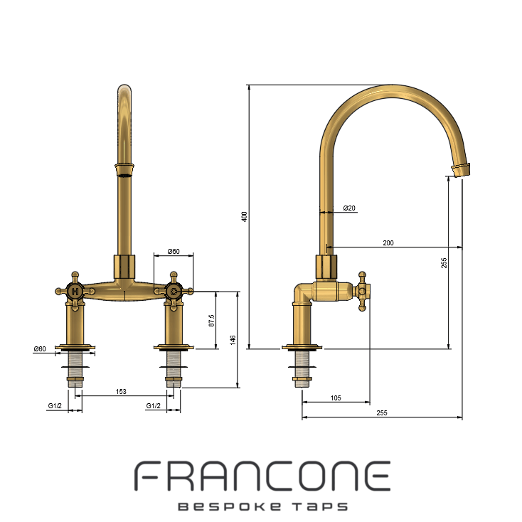 Technical drawing with dimensions for the Francone BT28 traditional double-handle brass faucet.