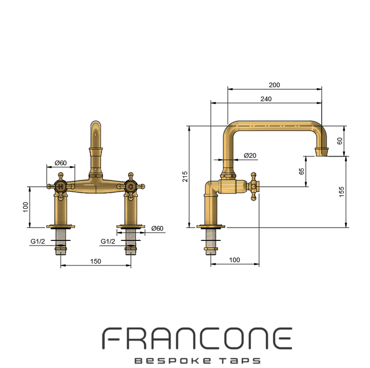 Francone BT29 traditional deck mounted tap technical drawing with dimensions, showing the solid unlacquered brass fitting.