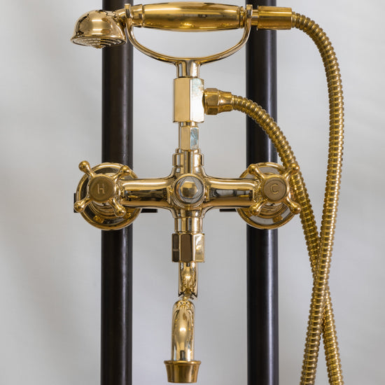 Traditional Francone BT3 gold-plated solid brass bath filler faucet with hand shower and swivel spout.