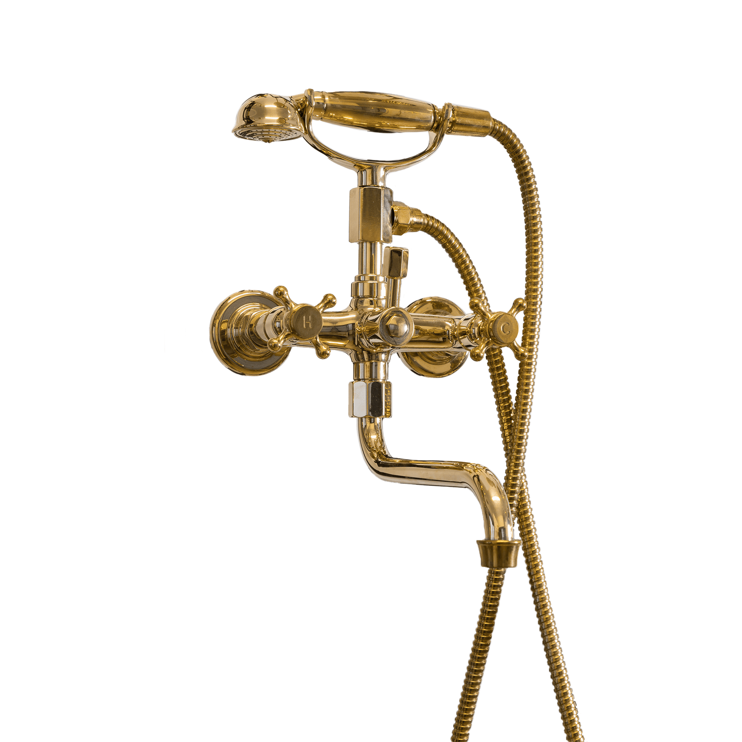 Traditional Francone BT3 wall-mounted bath filler faucet with a hand shower and swivel spout in unlacquered brass.