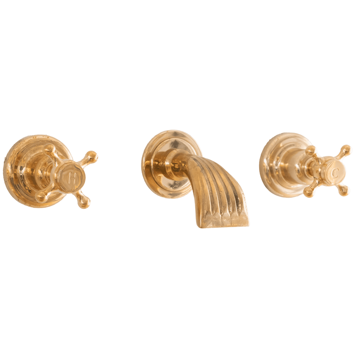Traditional Francone BT31 wall mounted tap with a short waterfall spout in unlacquered brass.